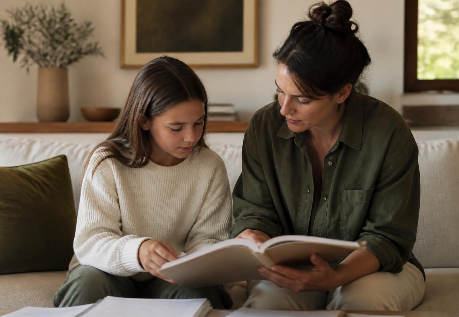 A parent and child sitting together reviewing a book and schoolwork at home
