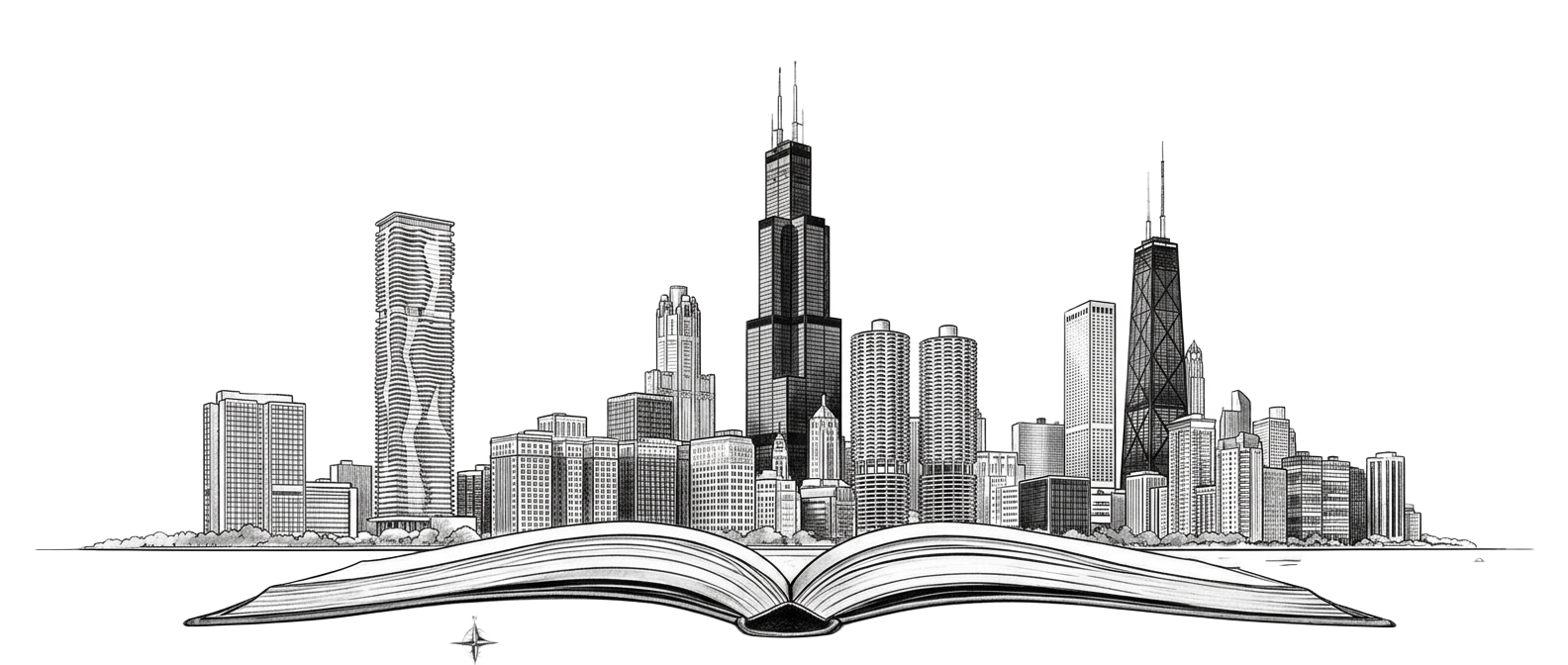 Hand-drawn ink illustration of the Chicago skyline rising from the pages of an open book, with a subtle compass motif